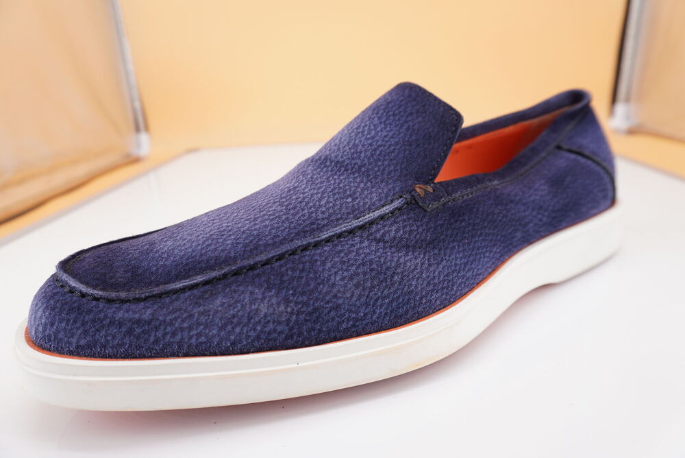 Santoni Drain Blue Suede Slip on Loafer Sneaker Shoe Size 11 US New $630